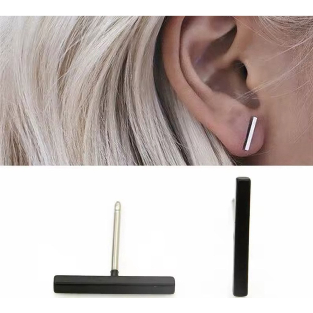 NEW Unisex‎ Black Bar Staple Stud Earrings, 1.2cm